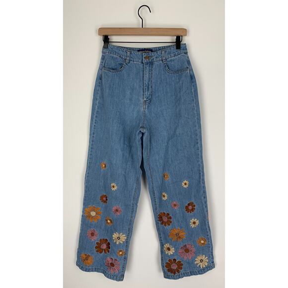 Princess Highway Womens Floral Embroidered Blue Denim Lindy Jeans AU 8 US Size 4 - Picture 2 of 10